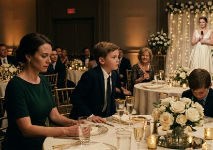 A single mother sitting beside her nine-year-old son while wedding guests laugh during an elegant reception.