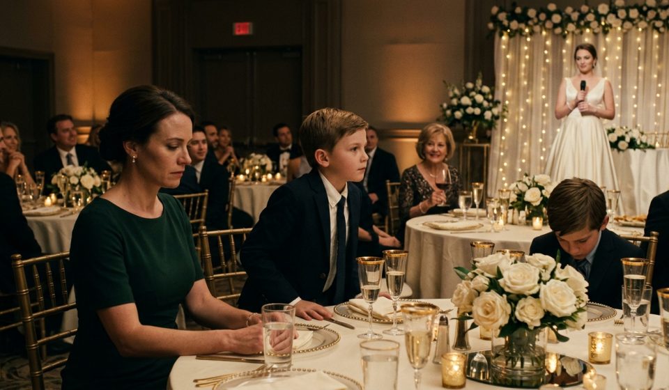 A single mother sitting beside her nine-year-old son while wedding guests laugh during an elegant reception.