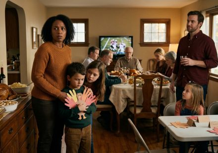 A mother stands protectively beside her two hurt children during a tense Thanksgiving family dinner after an upsetting announcement.