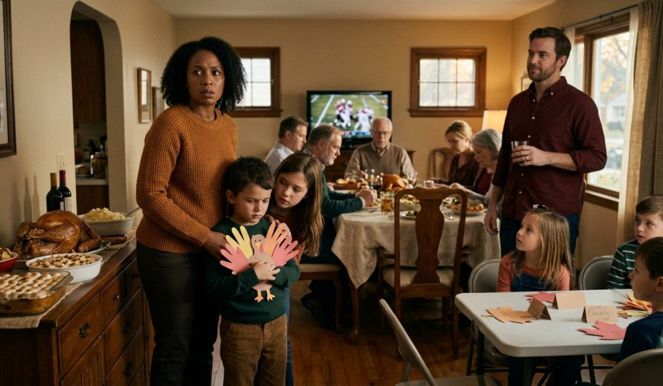 A mother stands protectively beside her two hurt children during a tense Thanksgiving family dinner after an upsetting announcement.