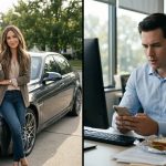 A shocked man discovers a social media photo of his girlfriend posing with his 2019 BMW M3 while sitting at his office desk.