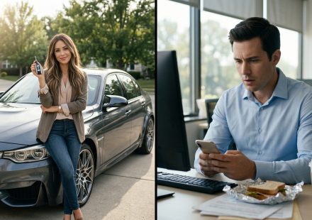 A shocked man discovers a social media photo of his girlfriend posing with his 2019 BMW M3 while sitting at his office desk.