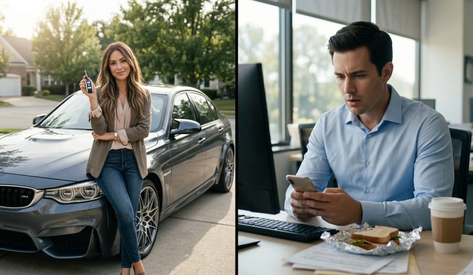 A shocked man discovers a social media photo of his girlfriend posing with his 2019 BMW M3 while sitting at his office desk.