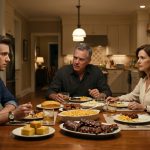 Ethan looks shocked at the family dinner table as his father demands that he buy his younger sister Lauren a car.