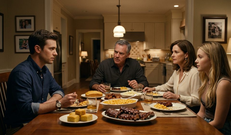 Ethan looks shocked at the family dinner table as his father demands that he buy his younger sister Lauren a car.