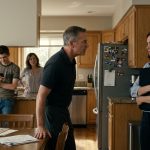 A young professional woman holds her laptop bag protectively while confronting her angry father in the family kitchen as her brother watches.