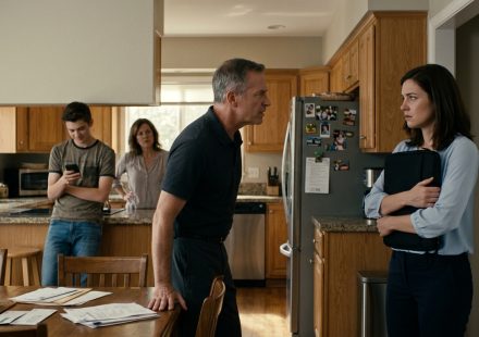 A young professional woman holds her laptop bag protectively while confronting her angry father in the family kitchen as her brother watches.