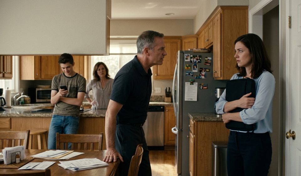 A young professional woman holds her laptop bag protectively while confronting her angry father in the family kitchen as her brother watches.