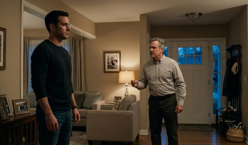 A 32-year-old homeowner standing firmly inside a suburban Ohio house while their father confronts them about giving the property to a younger brother.
