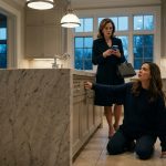 A pregnant woman kneels in pain on a luxurious kitchen floor while her mother checks her phone and her father remains seated in the adjoining room.