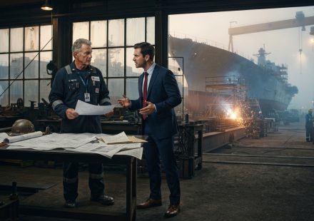 Veteran chief engineer facing a sharply dressed operations director inside a naval shipyard engineering office at dawn