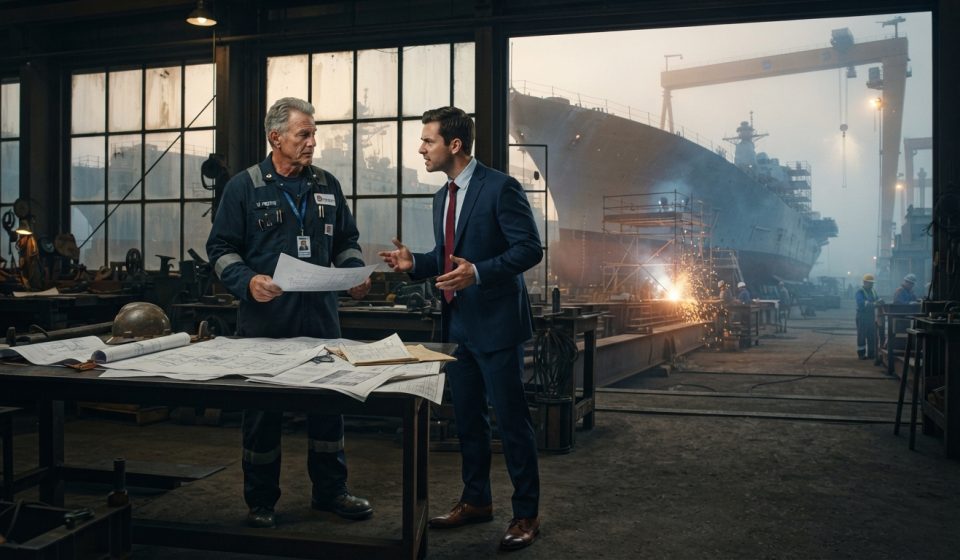 Veteran chief engineer facing a sharply dressed operations director inside a naval shipyard engineering office at dawn