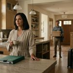 A recently divorced woman stands calmly in her elegant kitchen as her former mother-in-law arrives with suitcases and her ex-husband notices a mysterious green folder.