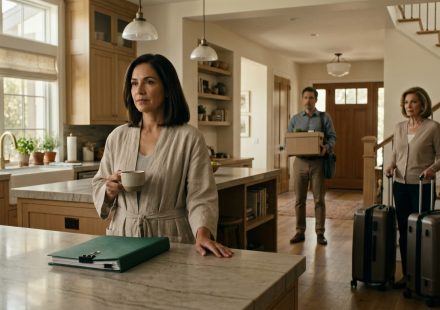 A recently divorced woman stands calmly in her elegant kitchen as her former mother-in-law arrives with suitcases and her ex-husband notices a mysterious green folder.