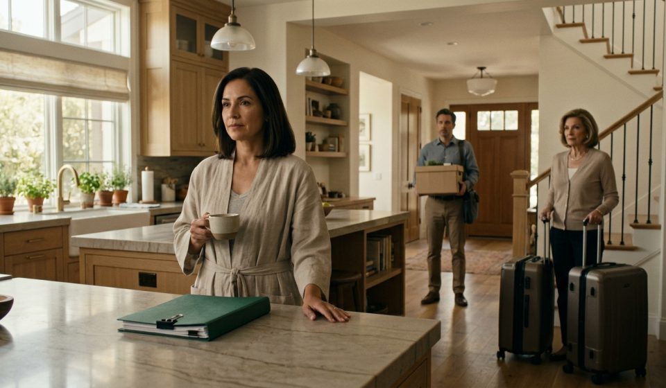 A recently divorced woman stands calmly in her elegant kitchen as her former mother-in-law arrives with suitcases and her ex-husband notices a mysterious green folder.