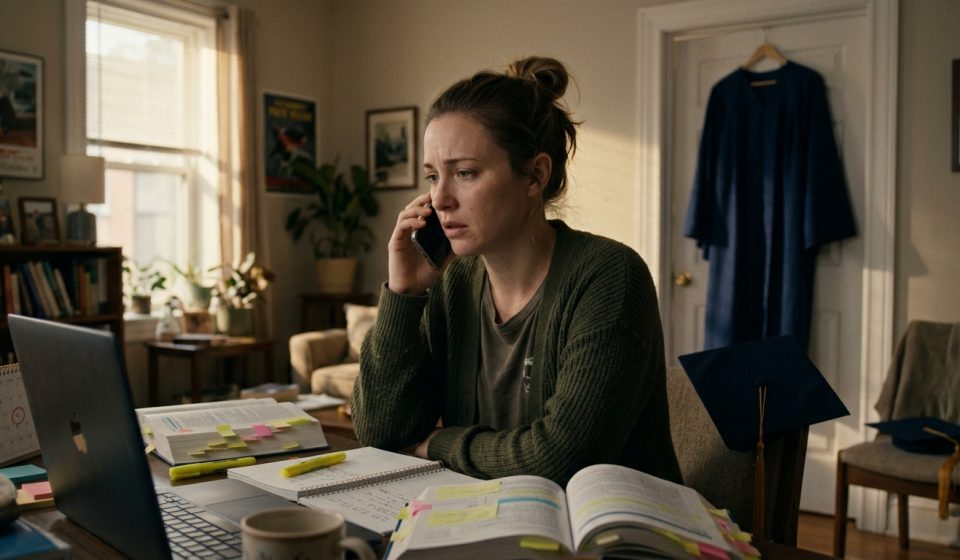 A medical school graduate holding her phone in disbelief beside her textbooks and graduation gown, contrasted with her sister excitedly planning a wedding.