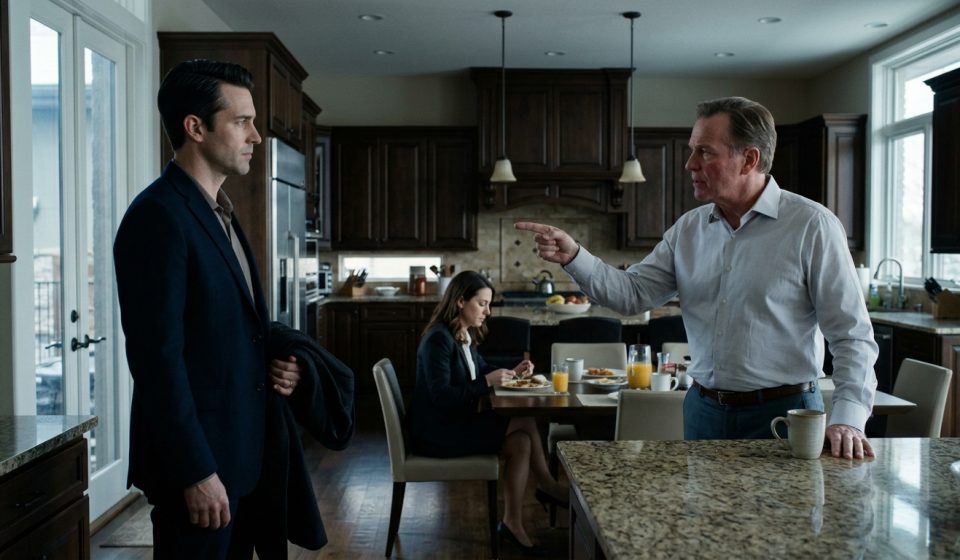 A composed man faces his angry father-in-law in an elegant kitchen while his wife sits silently at the breakfast table.