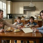 A 31-year-old woman stares at a rent invoice across the breakfast table while her mother stands nearby and three children eat breakfast in the kitchen.