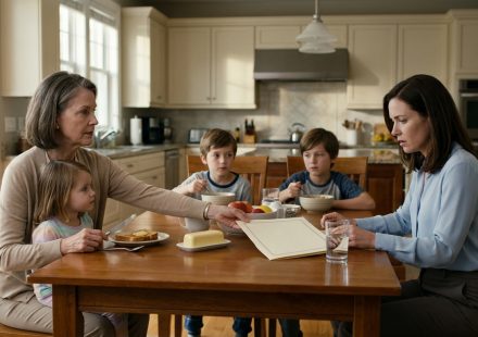 A 31-year-old woman stares at a rent invoice across the breakfast table while her mother stands nearby and three children eat breakfast in the kitchen.
