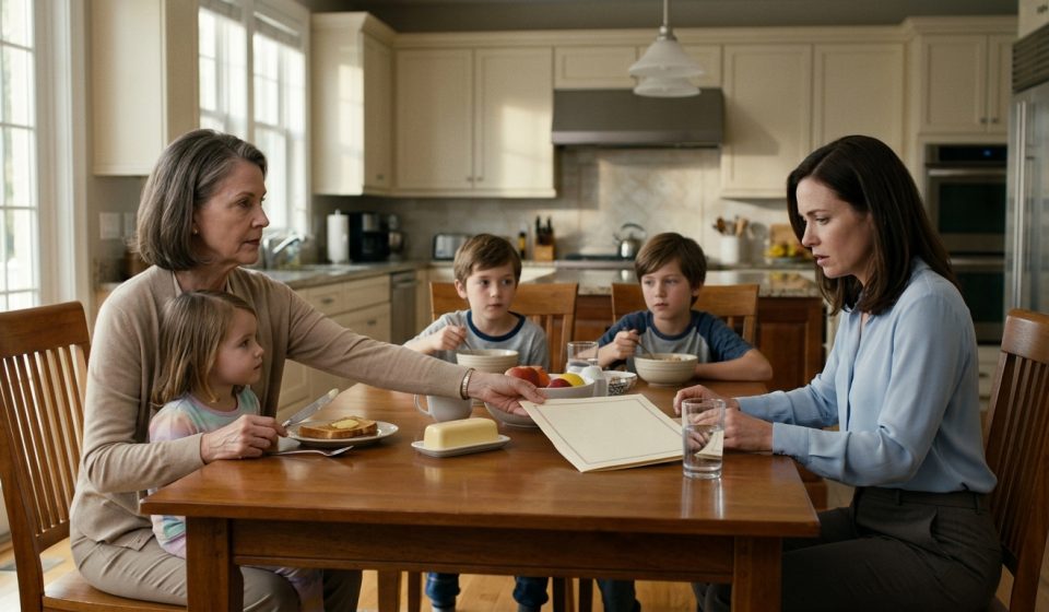 A 31-year-old woman stares at a rent invoice across the breakfast table while her mother stands nearby and three children eat breakfast in the kitchen.