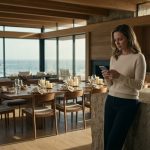 A successful female designer stands alone inside her luxurious oceanfront villa, looking at a disappointing message on her phone beside a beautifully prepared dining table.