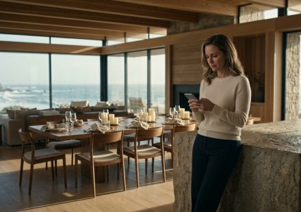 A successful female designer stands alone inside her luxurious oceanfront villa, looking at a disappointing message on her phone beside a beautifully prepared dining table.