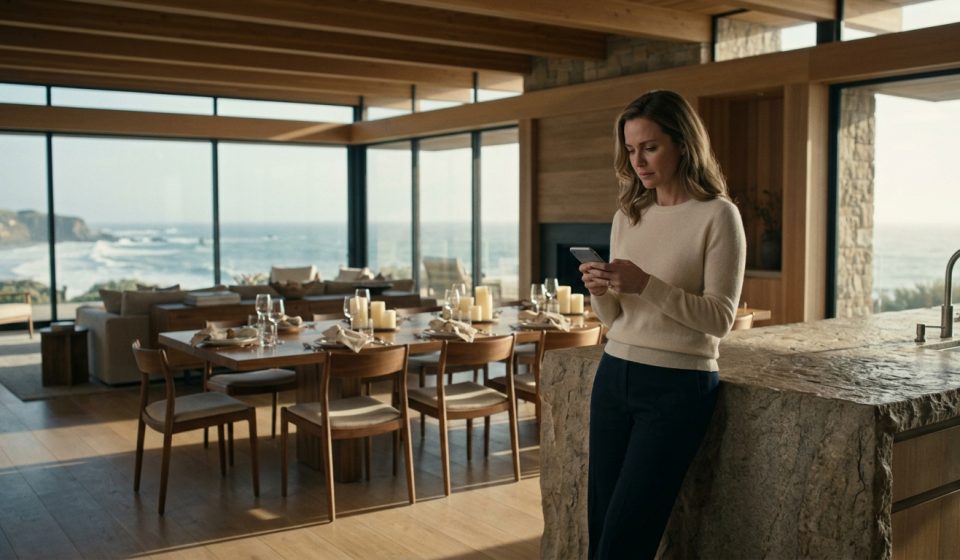 A successful female designer stands alone inside her luxurious oceanfront villa, looking at a disappointing message on her phone beside a beautifully prepared dining table.