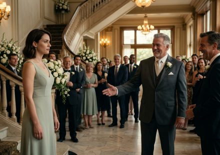 A woman in a pale green dress stands alone at an elegant wedding reception while her father mocks her and nearby relatives laugh.