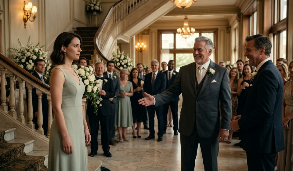 A woman in a pale green dress stands alone at an elegant wedding reception while her father mocks her and nearby relatives laugh.