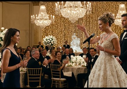Rachel wearing a simple navy-blue evening dress at her sister's luxurious wedding reception while her family celebrates nearby.
