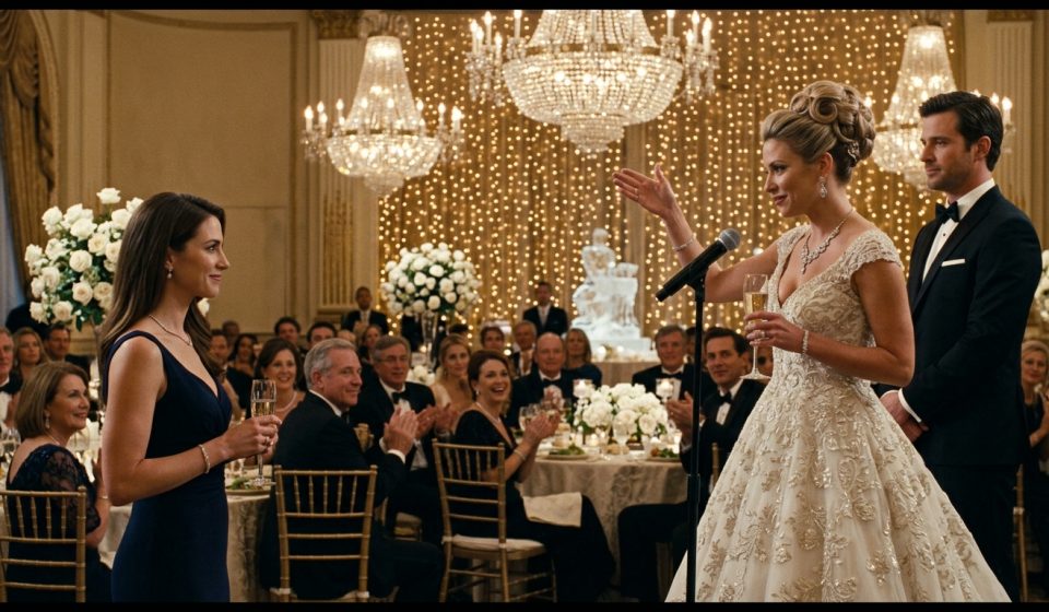 Rachel wearing a simple navy-blue evening dress at her sister's luxurious wedding reception while her family celebrates nearby.