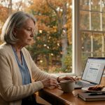 A disappointed 67-year-old mother sits at her kitchen table examining a yacht party invoice on her laptop, with coffee and homemade pie beside her.