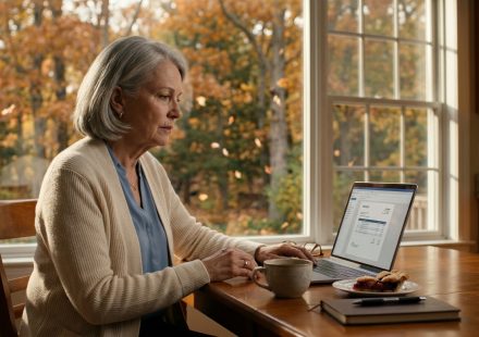 A disappointed 67-year-old mother sits at her kitchen table examining a yacht party invoice on her laptop, with coffee and homemade pie beside her.