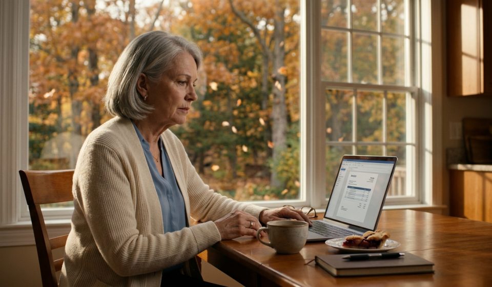 A disappointed 67-year-old mother sits at her kitchen table examining a yacht party invoice on her laptop, with coffee and homemade pie beside her.