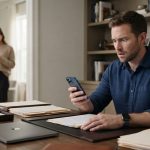 Man sitting stunned in his home office after receiving a text from his fiancée Lauren