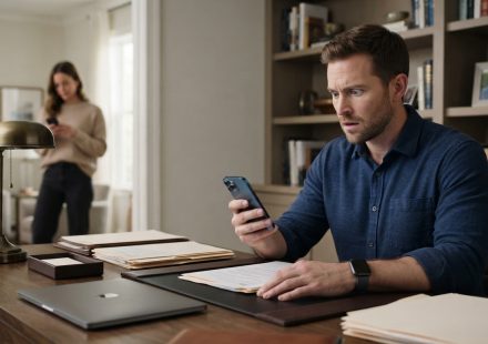 Man sitting stunned in his home office after receiving a text from his fiancée Lauren