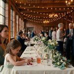 A woman sitting with her young daughter at an elegant wedding reception while her former mother-in-law watches her from across the room.