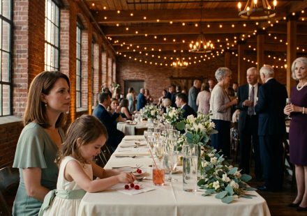 A woman sitting with her young daughter at an elegant wedding reception while her former mother-in-law watches her from across the room.