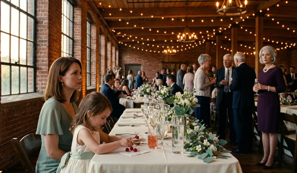 A woman sitting with her young daughter at an elegant wedding reception while her former mother-in-law watches her from across the room.