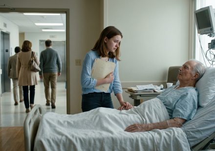 A seventeen-year-old girl standing alone in a hospital hallway holding her grandfather's medical chart while her family walks away toward the elevator.