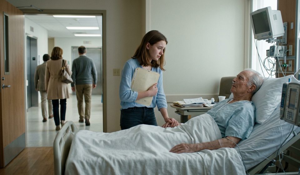 A seventeen-year-old girl standing alone in a hospital hallway holding her grandfather's medical chart while her family walks away toward the elevator.