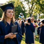 A heartbroken medical school graduate stands alone in her navy cap and gown, holding her diploma and speaking on the phone while other graduates celebrate with their families.