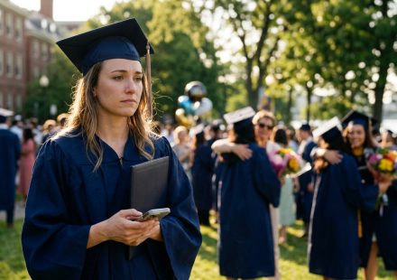 A heartbroken medical school graduate stands alone in her navy cap and gown, holding her diploma and speaking on the phone while other graduates celebrate with their families.