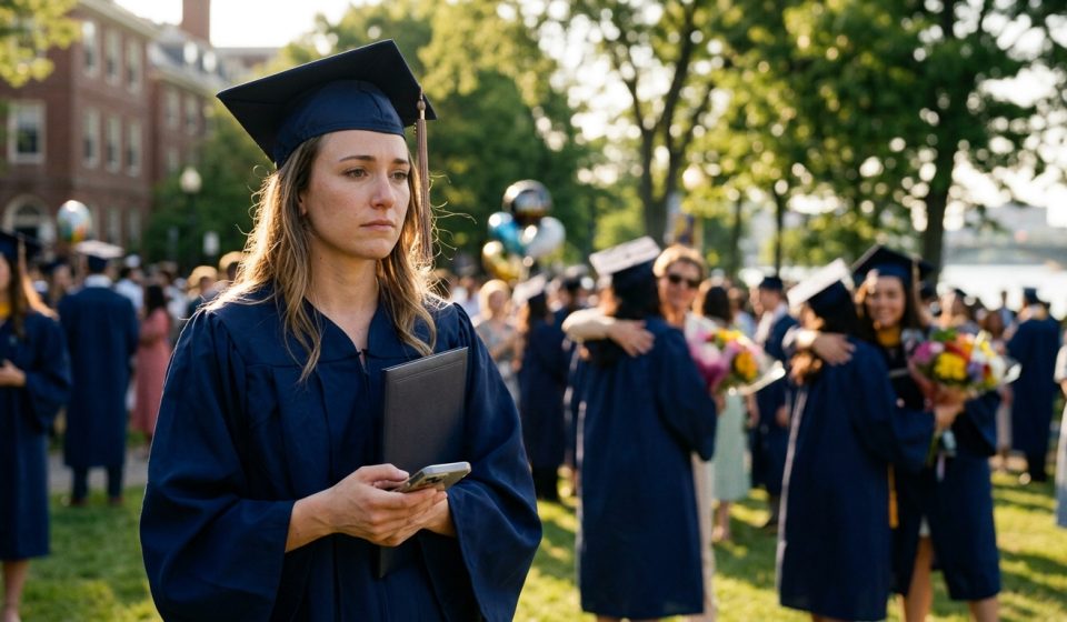 A heartbroken medical school graduate stands alone in her navy cap and gown, holding her diploma and speaking on the phone while other graduates celebrate with their families.