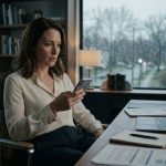 A 35-year-old woman sits in her home office on a rainy afternoon, looking shocked as she reads hurtful messages about herself in a family group chat.