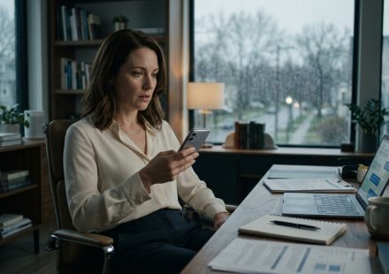 A 35-year-old woman sits in her home office on a rainy afternoon, looking shocked as she reads hurtful messages about herself in a family group chat.