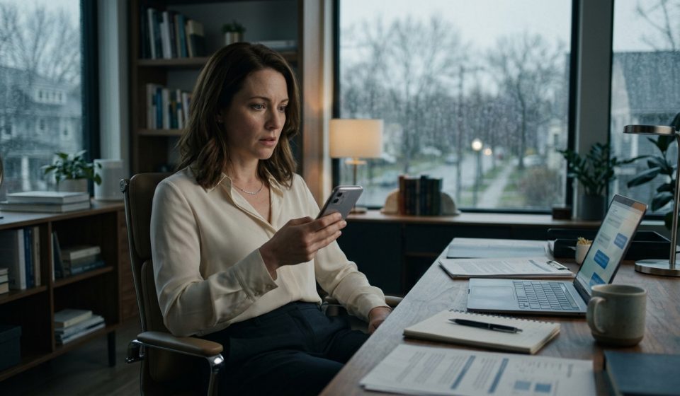 A 35-year-old woman sits in her home office on a rainy afternoon, looking shocked as she reads hurtful messages about herself in a family group chat.
