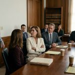 A granddaughter stands at the doorway of an attorney's conference room while her aunt folds her arms and other relatives sit around a table during a will reading.