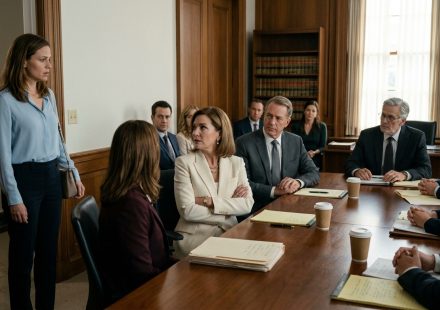 A granddaughter stands at the doorway of an attorney's conference room while her aunt folds her arms and other relatives sit around a table during a will reading.