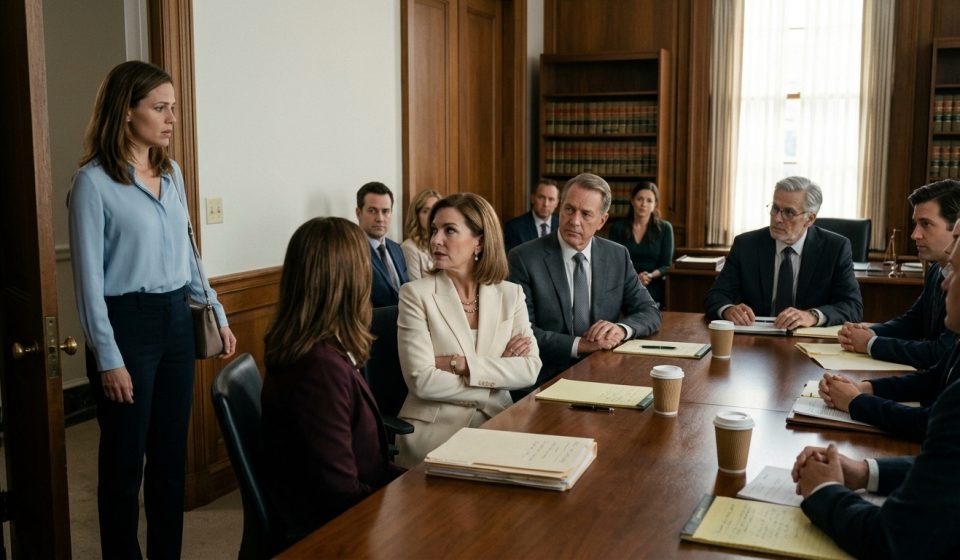 A granddaughter stands at the doorway of an attorney's conference room while her aunt folds her arms and other relatives sit around a table during a will reading.